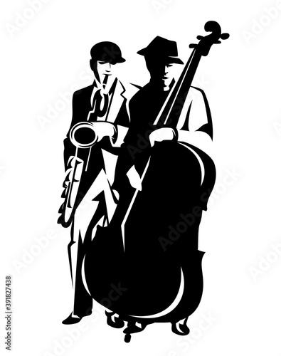 black and white vector outline design of two jazz musicians performing music playing saxophone and contrabass