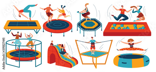 People jumping trampolines set of isolated vector illustration. Trampolining people and rebounders. Entertainment park, active sport and fun. Fitness. Jumps and exercises, training.