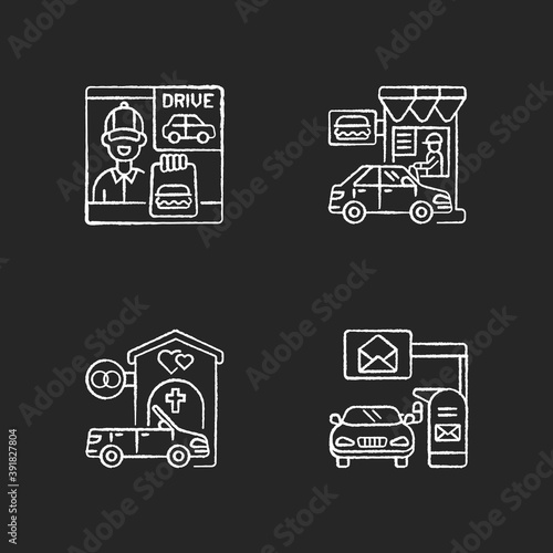 Car in drive thru lane chalk white icons set on black background. Fast food takeout. Burger takeaway. Chapel for wedding. Mailbox for driver. Isolated vector chalkboard illustrations