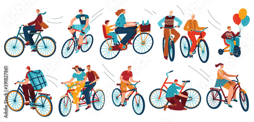 Bicycle riders on bikes, sport, isolated vector illustrations. Cyclist man, woman, children, hipster, older, racing cyclist on bike and tandem. Cycle transportation. Biking fun, exercise, bike travel.