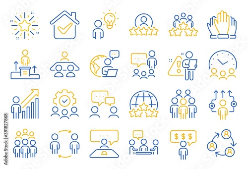 Business people line icons. Team, meeting, job structure. Group people, communication, member icons. Congress, talk person, partnership. Job interview, business idea, voting. Line icon set. Vector
