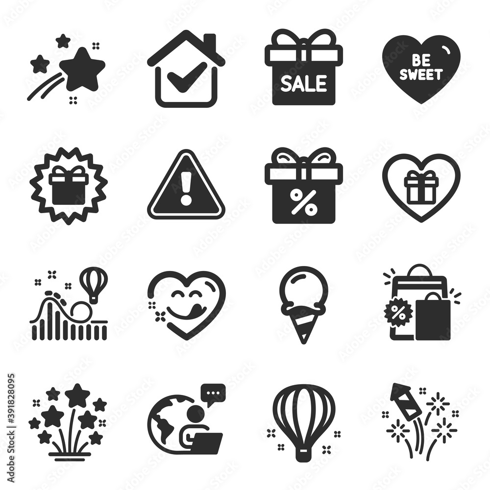 Set of Holidays icons, such as Fireworks stars, Romantic gift, Fireworks rocket symbols. Ice cream, Roller coaster, Shopping bags signs. Discount offer, Be sweet, Sale offer. Air balloon. Vector