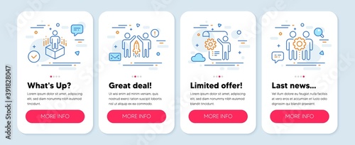 Set of People icons, such as Settings blueprint, Partnership, Augmented reality symbols. Mobile screen app banners. Employees teamwork line icons. Vector