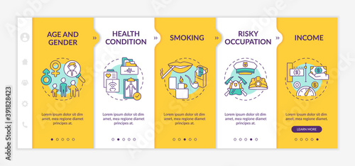 Insurance cost factors onboarding vector template. Age and gender types. Health condition. Responsive mobile website with icons. Webpage walkthrough step screens. RGB color concept