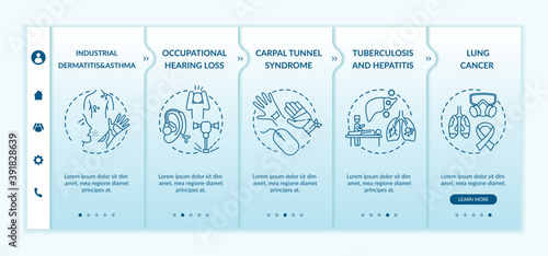 Occupational sickness onboarding vector template. Caught in different factory accident types. Responsive mobile website with icons. Webpage walkthrough step screens. RGB color concept