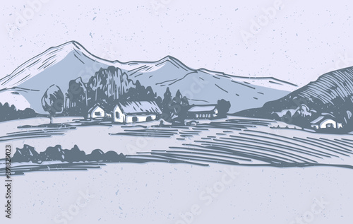 agriculture, alpine, alpine landscape, alpine meadow, country, countryside, design, drawing, engraved illustration, engraving, environment, etching landscape, european village, farm, farm landscape, f