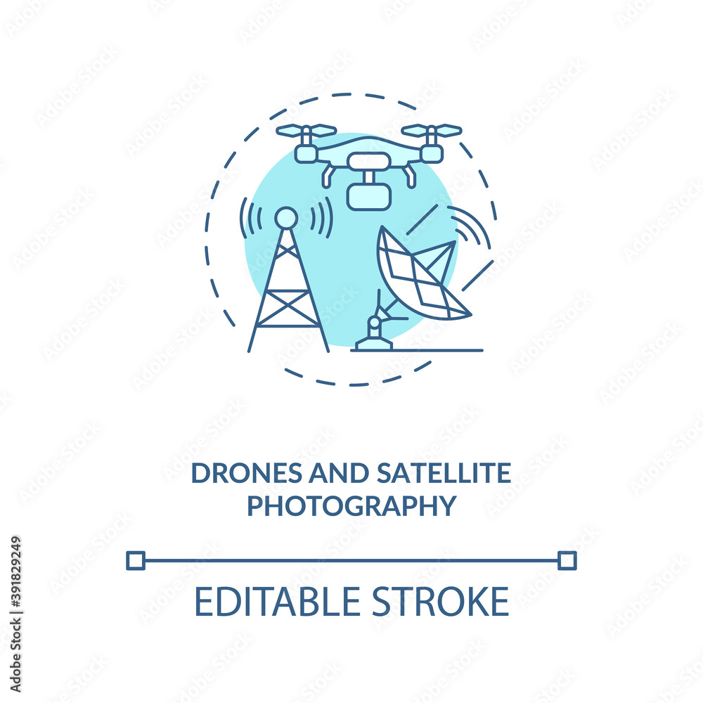 Drones and satellite photography concept icon. Innovative agriculture technology. Innovative farming devices idea thin line illustration. Vector isolated outline RGB color drawing. Editable stroke