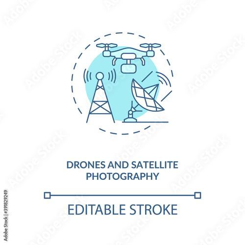 Drones and satellite photography concept icon. Innovative agriculture technology. Innovative farming devices idea thin line illustration. Vector isolated outline RGB color drawing. Editable stroke