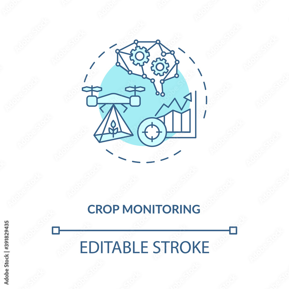 Crop monitoring concept icon. Innovative agriculture technology. Analyzing crop health condition and grow tempo idea thin line illustration. Vector isolated outline RGB color drawing. Editable stroke