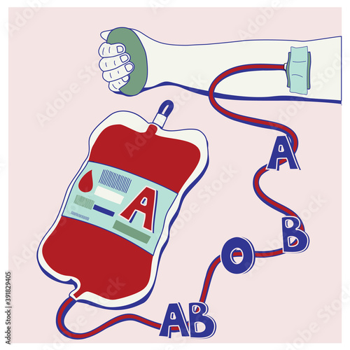 Drawing of hand with blood donation and blood bag type A for medical and health safe other people life.