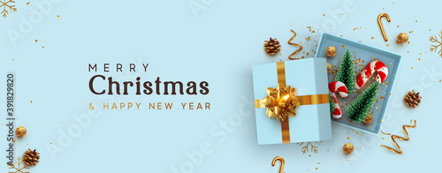 Christmas blue Open gift box template. Xmas design Realistic decorative objects. Sale banner, surprise poster, flyer and brochure. mock up holiday. Celebrate header for website flat lay. new year