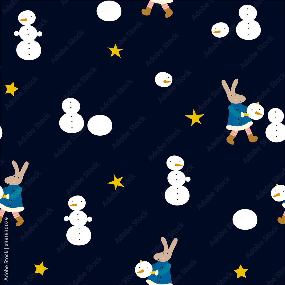 Naklejka premium Funny vector winter seamless pattern with cute Snowmen, rabbits and stars on the night christmass background. Cute christmass fabric design on the dark background. Making a snowman. 