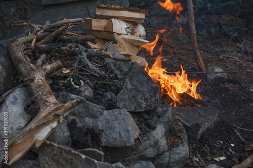 bonfire in the fireplace. Bashkortostan