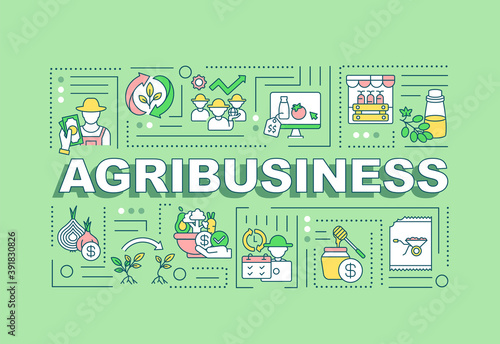 Agribusiness word concepts banner. Agricultural production. Infographics with linear icons on mint background. Isolated typography. Vector outline RGB color illustration
