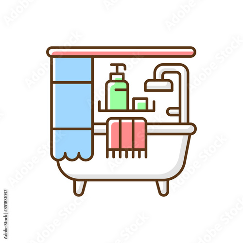 Bathroom RGB color icon. Bath accessories. Bathtub and shower. Plumbing. Freestanding tub. Shower curtains. Shampoo dispenser. Towels and rugs. Bathroom essentials. Isolated vector illustration