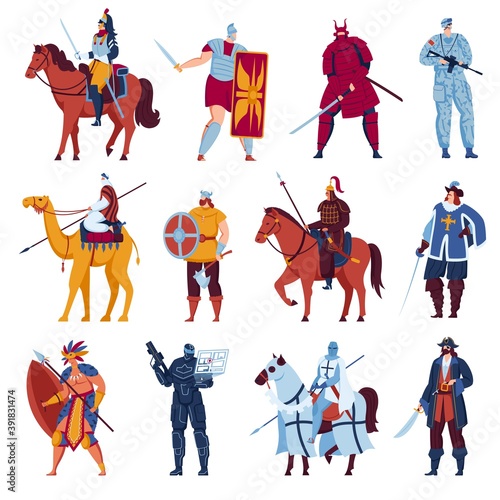 Ancient warriors, knights with weapon, medieval characters set of vector illustrations. Gladiator roman warrior in armor with sword and shield fighting in war. Soldiers on horse, wartime fighters.