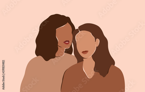 Two beautiful women with different skin colors stand together. Abstract minimal portrait of two girls in earth's natural tones. Concept of sisterhood and females friendship.  Vector illustration