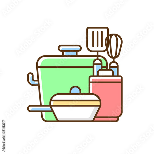 Kitchen tools RGB color icon. Cooking supplies. Food preparation containers. Cookware and bakeware. Pots and pans. Stainless steel. Storage equipment. Kitchenware. Isolated vector illustration