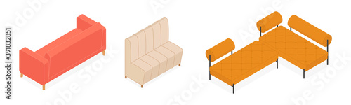 Set of isometric sofas. Vector collection. Illustration in flat design.