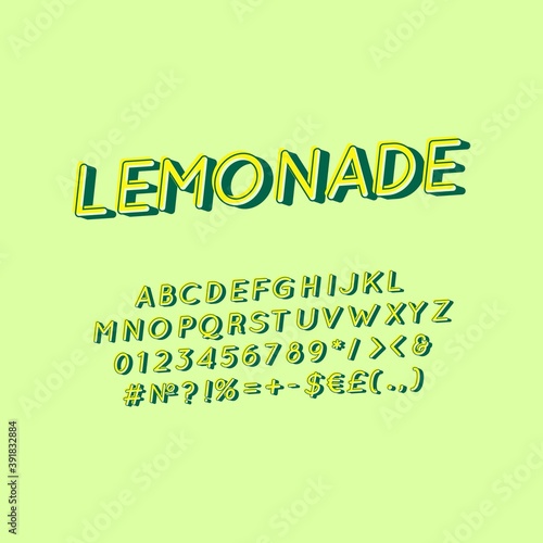 Lemonade vintage 3d vector alphabet set. Retro bold font, typeface. Pop art stylized lettering. Old school style letters, numbers, symbols pack. 90s, 80s creative typeset design template