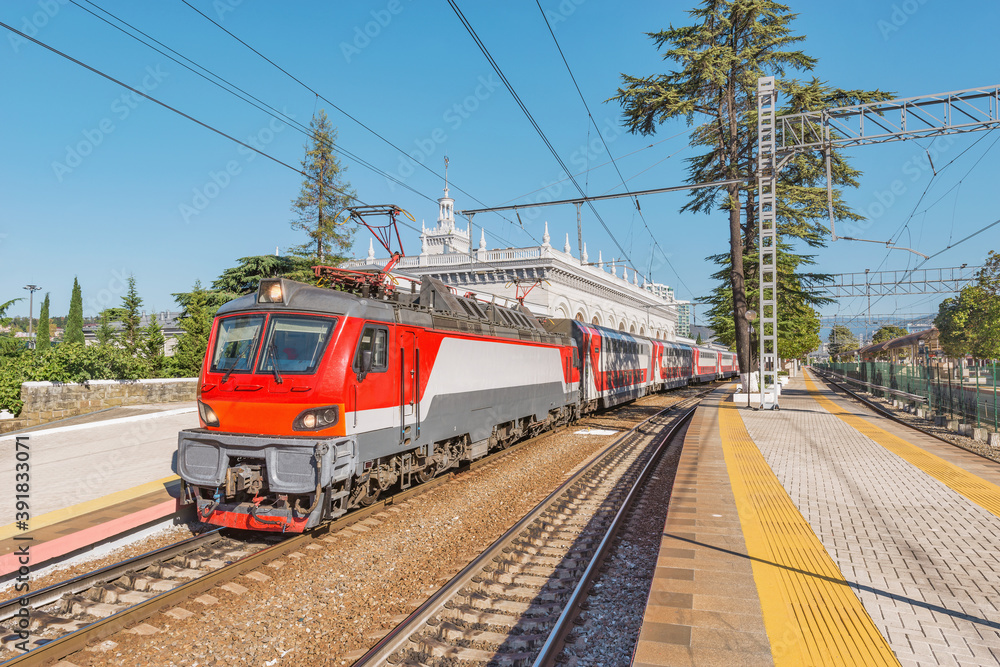 Fototapeta premium Passenger train is ready to depart from the main railway station.