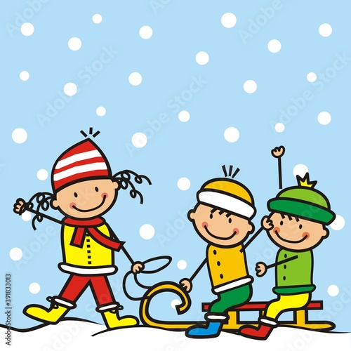 group of children on a sleigh, vector icon