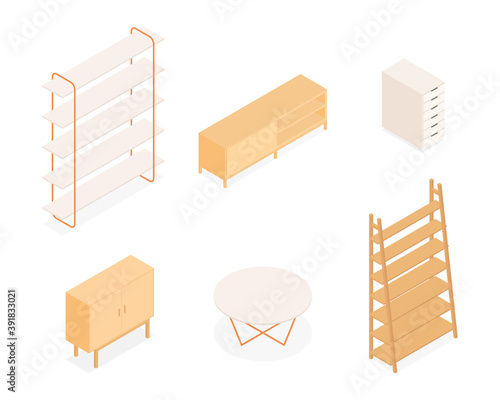 Set of isometric furniture. Vector collection. Illustration in flat design.