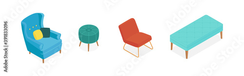 Set of isometric armchairs. Vector collection. Illustration in flat design.
