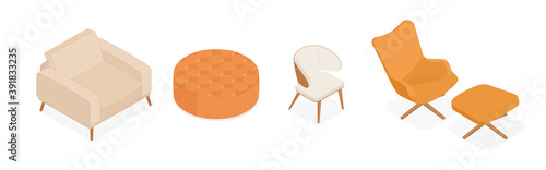Set of isometric armchairs. Vector collection. Illustration in flat design.