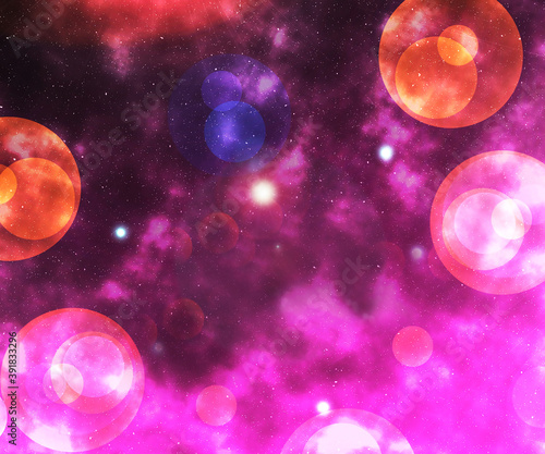 Spiritual image of Pink and orange bubble spheres emerging' from a deep space background