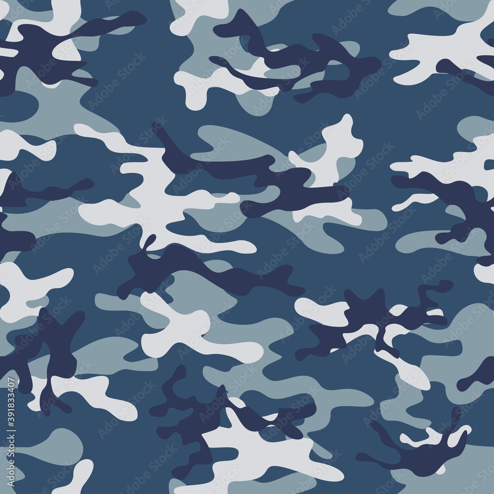 Blue military camouflage seamless vector pattern on teksil.
Blue military camouflage seamless vector pattern on teksil.