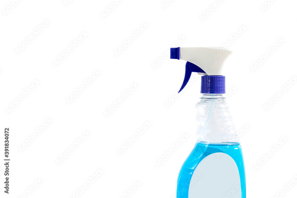 Close up of a glass cleaner spray bottle with space for text on isolated white background. Close up of a glass cleaner spray bottle with space for text on isolated white background.