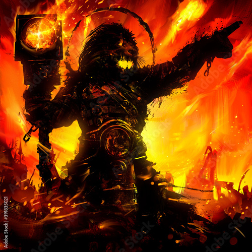 Εκτύπωση καμβά Black blob silhouette of a lion warrior with a huge hammer, he yells furiously and give command to attack the huge hellish army behind him