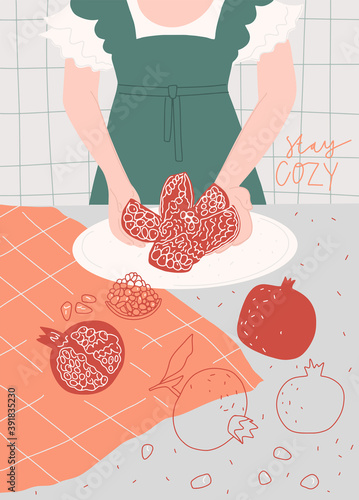 Woman with pomegranate. Human hands. Christmas atmosphere. Vector template