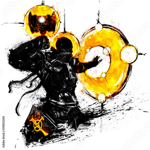 Foto A black blob silhouette of a bald cleric with a hammer and a halo around his head, he creates a protective spell right in front of him