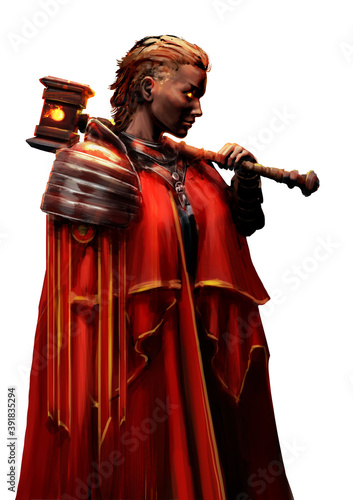 Photos A female priest with a hammer, she sternly looks ahead, she is wearing a beautiful red cloak and armor, her eyes are shining with fire