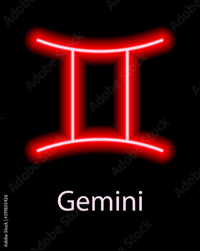 Red neon zodiac sign Gemini with caption. Predictions, astrology, horoscope.