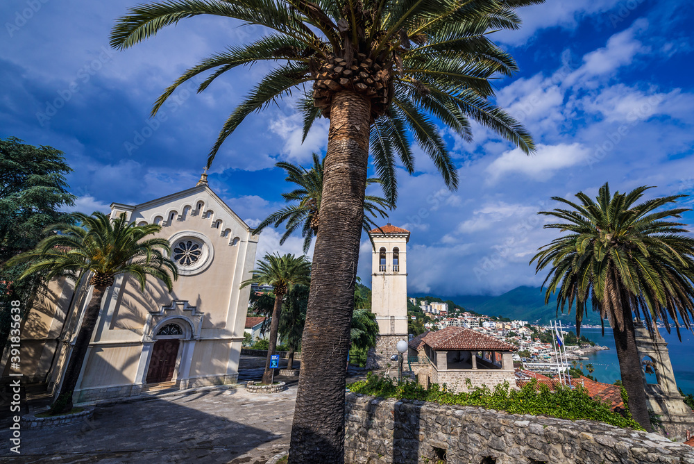 St Jerome church and tower on one of the squares of historic part of Herceg Novi, Montenegro