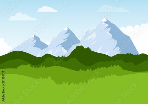 Mountain realistic landscape with trees and clouds. Vector, cartoon illustration. Vector.