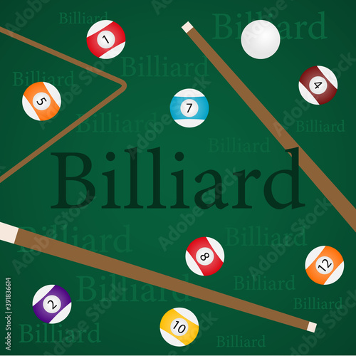 Billiards, billiard balls and cue. Vector, cartoon illustration. Vector.