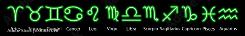 Set of green neon zodiac signs with captions. Predictions, astrology, horoscope.
