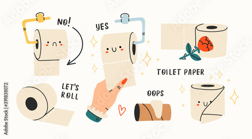 Various Toilet Paper rolls with faces, empty tube. Cute funny characters. Hygiene, WC, restroom, household concept. Cartoon style. Hand drawn trendy Vector illustration. All elements are isolated.
