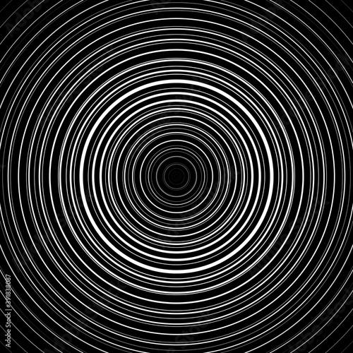 Abstract background poster template. Thick white lines blend thin white lines into a stackable circle editable stroke. On a black background. Vector illustration.