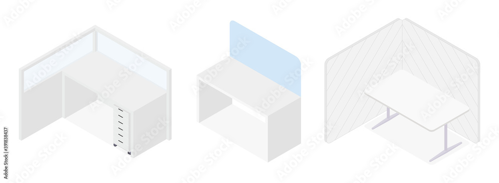 Set of isometric desks. Vector collection. Illustration in flat design. Set of isometric desks. Vector collection. Illustration in flat design.