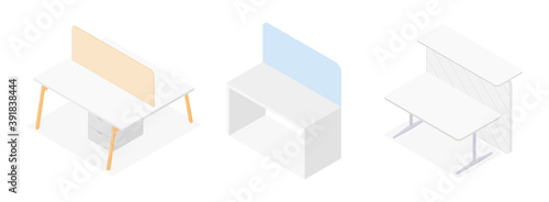 Set of isometric desks. Vector collection. Illustration in flat design.