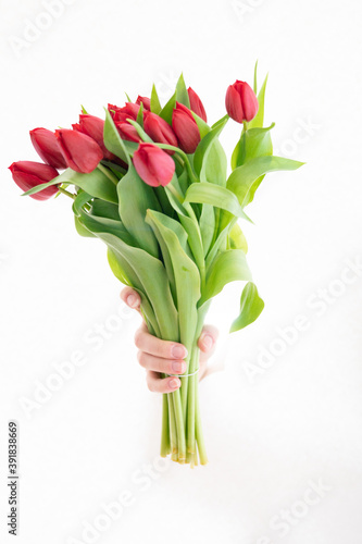 Hand of the woman is holding bouquet of tulips inserted through