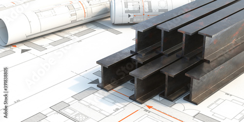 Steel beams stack on project blueprints background. 3d illustration