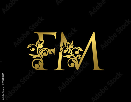 Gold F, M and FM Luxury Letter Logo Icon. Graceful royal style. Luxury golden alphabet arts logo.