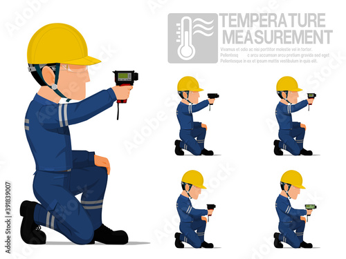 Set of industrial worker using pyrometer for measuring temperature.