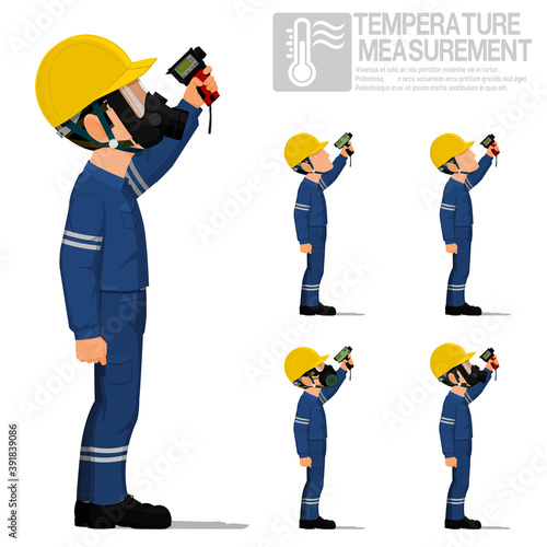 Set of industrial worker using pyrometer for measuring temperature.